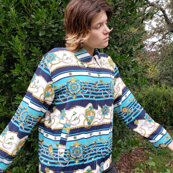 vintage womens jacket Alfred Dunner 16W nautical chain print bomber full zip 90s - Picture 3 of 16